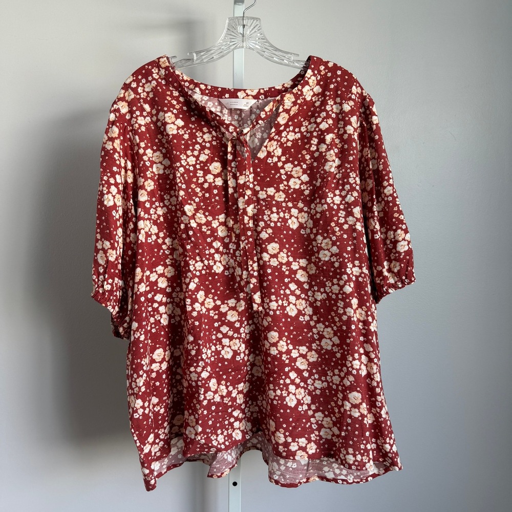 LC Lauren Conrad 2X Floral Print Tie-Neck 3/4 Sleeve Blouse Top Cottage NWT